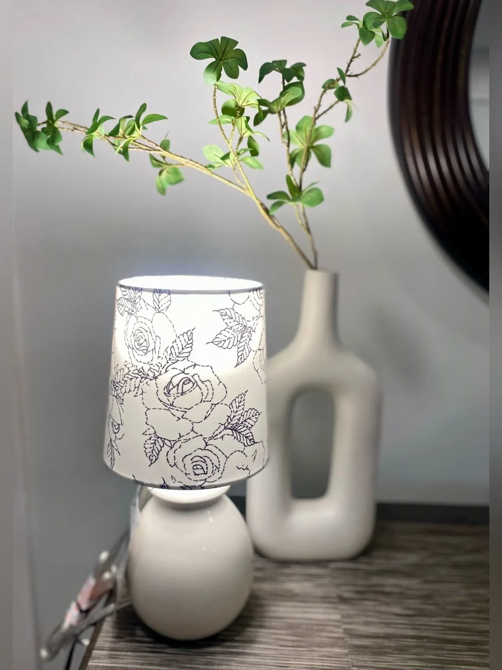 White Ceramic Table Lamp with Floral Shade by